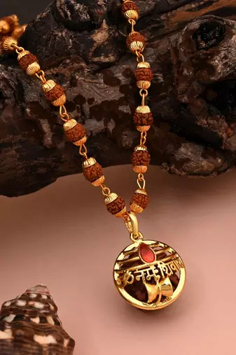Gold color om namah shivay rudraksha mala chain necklace