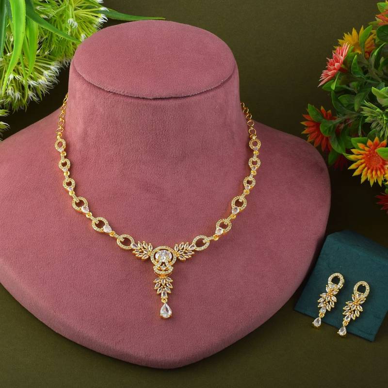 White color american diamond necklace set for elegant wedding functions