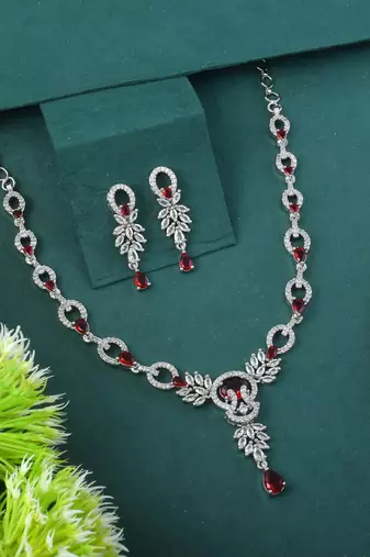 Red color american diamond necklace set with broad collar style pattern