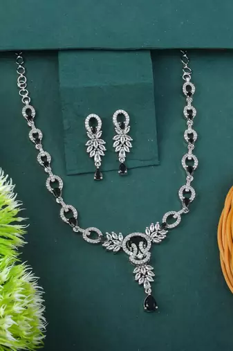 Black color american diamond necklace set with contrast sparkling finish