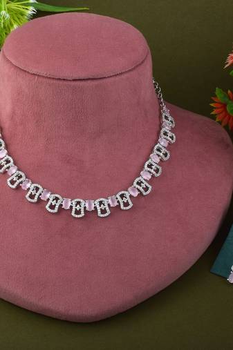 Pink color american diamond necklace set with leaf and gemstone charms