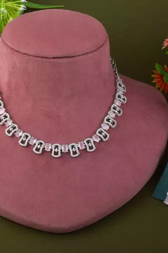 Pink color american diamond necklace set with leaf and gemstone charms