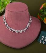 Pink color american diamond necklace set with leaf and gemstone charms