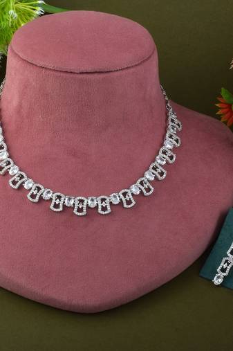 Silver color american diamond necklace set featuring graceful minimalist detailing