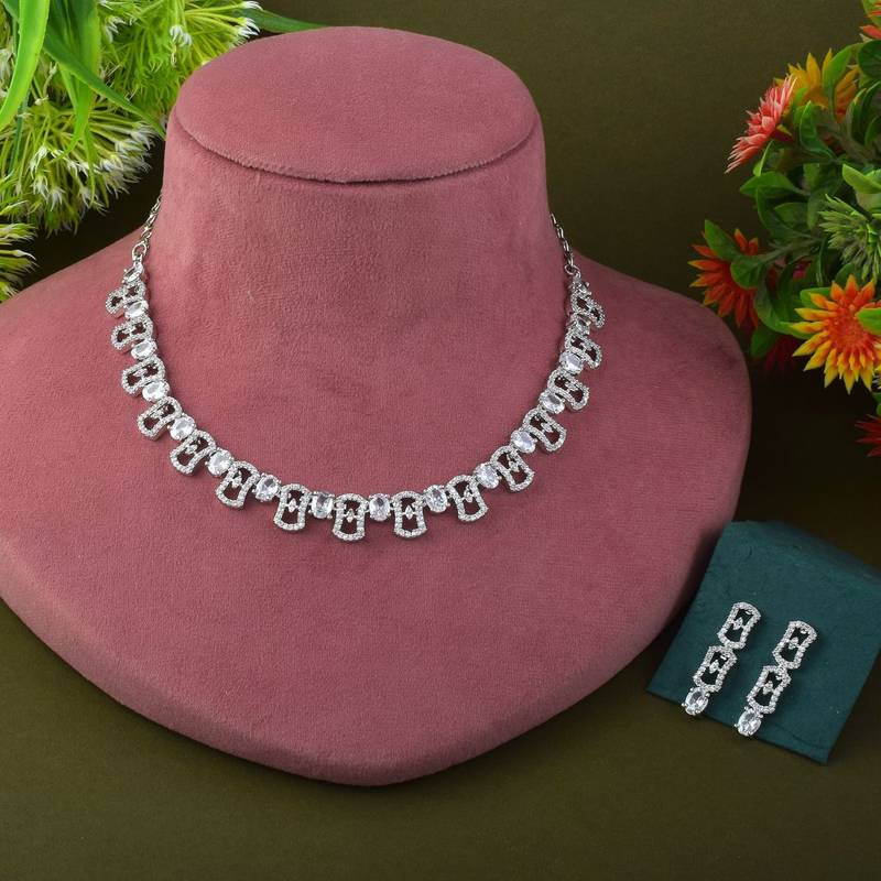 Silver color american diamond necklace set featuring graceful minimalist detailing