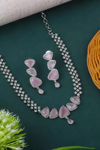 Pink color american diamond necklace set designed for bridal occasions