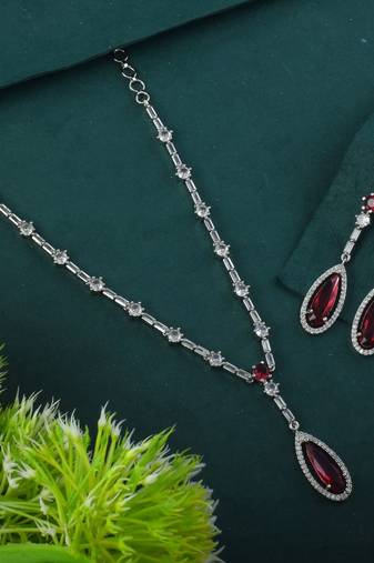 Ruby color american diamond necklace set with floral cluster arrangement