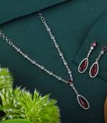 Ruby color american diamond necklace set with floral cluster arrangement