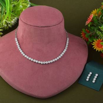 Silver color american diamond necklace set with pearl-like embellishments 2