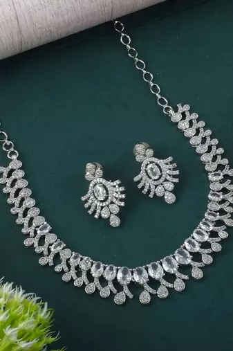 Silver color american diamond necklace set with antique inspired pendant style