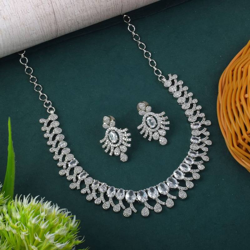 Silver color american diamond necklace set with antique inspired pendant style