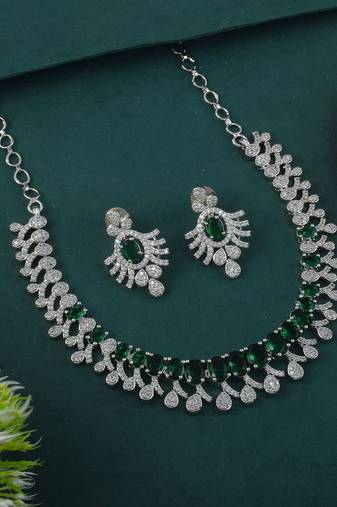 Green color american diamond necklace set with modern circular stone detailing