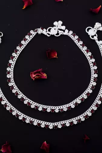 Stylish maroon color anklets crafted for womenâ€™s bridal, party, and festival jewelry needs