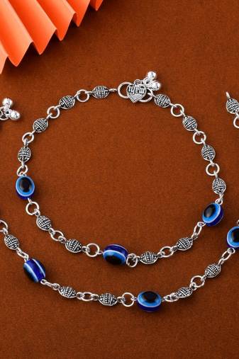 Gorgeous blue color evil eye oxidised anklet designed with artistic detailing for brides and festivals