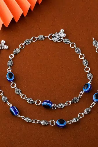 Gorgeous blue color evil eye oxidised anklet designed with artistic detailing for brides and festivals