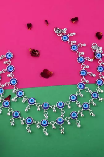 Elegant blue color evil eye oxidised anklet perfect for women        s fashion jewelry and party outfits