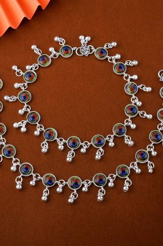 Exclusive multi color peacock feather oxidised anklet designed for bridal, cultural, and party styling