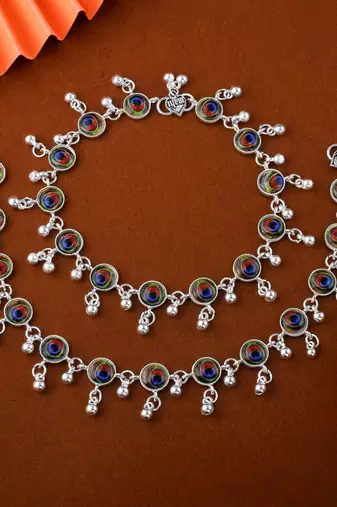 Exclusive multi color peacock feather oxidised anklet designed for bridal, cultural, and party styling