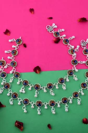 Exclusive multi color peacock feather oxidised anklet designed for bridal, cultural, and party styling