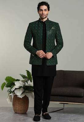 Arruga mens bottel green jodhpuri sherwani indo-western kurta set 1