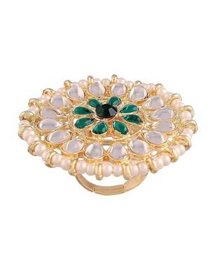 18k gold plated traditional kundan & pearl studded adjustable finger ring for women  1