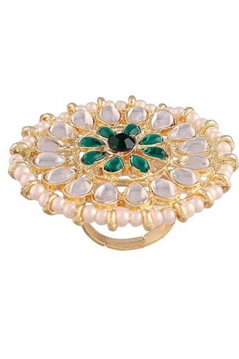 18k gold plated traditional kundan & pearl studded adjustable finger ring for women 