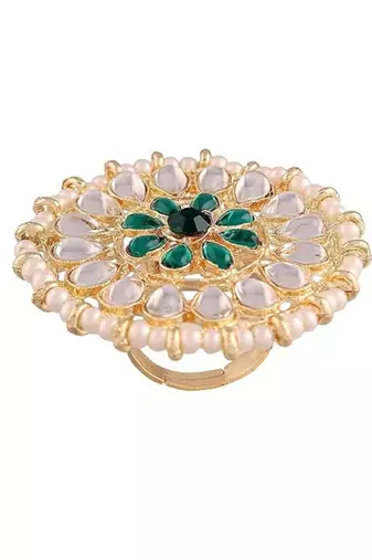 18k gold plated traditional kundan & pearl studded adjustable finger ring for women 