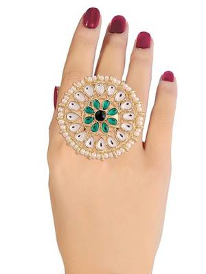 18k gold plated traditional kundan & pearl studded adjustable finger ring for women  2