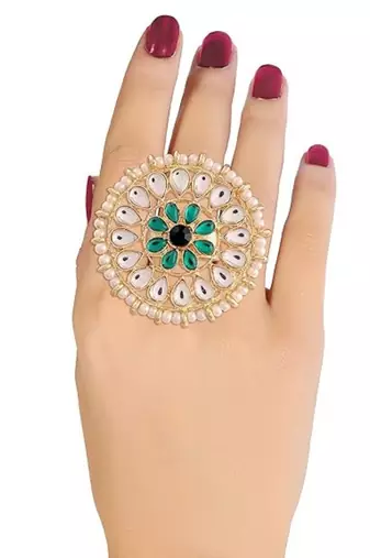 18k gold plated traditional kundan & pearl studded adjustable finger ring for women 