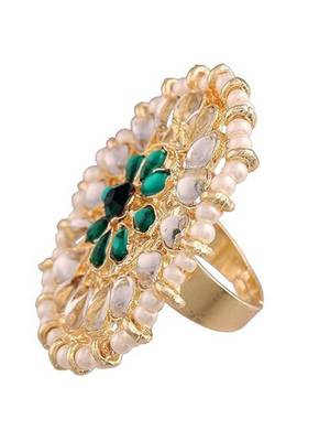 18k gold plated traditional kundan & pearl studded adjustable finger ring for women  3