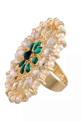 18k gold plated traditional kundan & pearl studded adjustable finger ring for women 