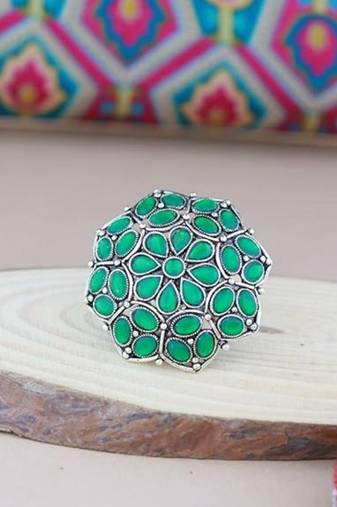 Silver oxidized green kundan work designer adjustable finger ring for women 