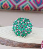 Silver oxidized green kundan work designer adjustable finger ring for women 