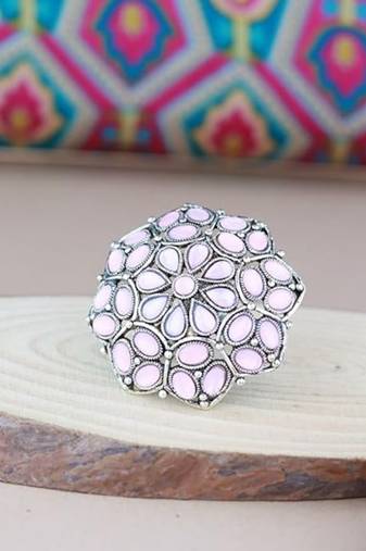 Silver oxidized pink kundan work designer adjustable finger ring for women 