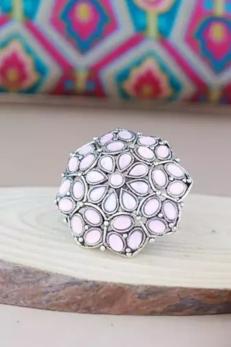 Silver oxidized pink kundan work designer adjustable finger ring for women 