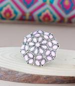 Silver oxidized pink kundan work designer adjustable finger ring for women 