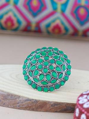 Silver oxidized kundan work designer adjustable finger ring for women  1