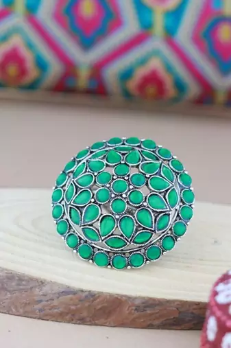 Silver oxidized kundan work designer adjustable finger ring for women 