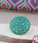 Silver oxidized kundan work designer adjustable finger ring for women 