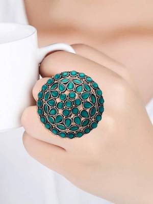 Silver oxidized kundan work designer adjustable finger ring for women  2