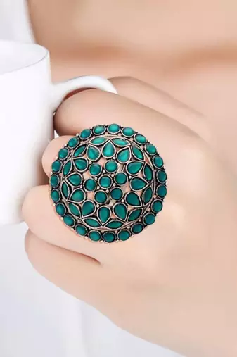Silver oxidized kundan work designer adjustable finger ring for women 