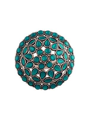 Silver oxidized kundan work designer adjustable finger ring for women  3