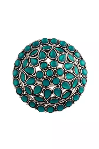 Silver oxidized kundan work designer adjustable finger ring for women 