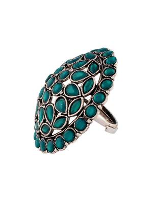 Silver oxidized kundan work designer adjustable finger ring for women  4