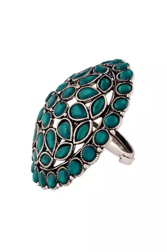 Silver oxidized kundan work designer adjustable finger ring for women 