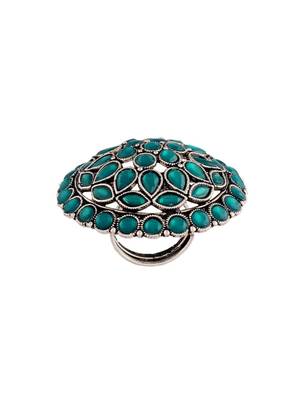 Silver oxidized kundan work designer adjustable finger ring for women  5
