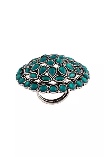 Silver oxidized kundan work designer adjustable finger ring for women 