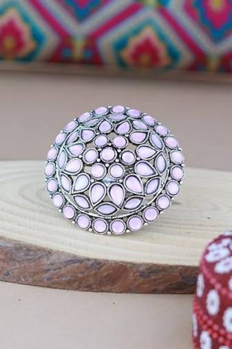 Silver oxidized kundan work designer adjustable finger ring for women 