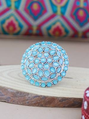 Navratri ethnic silver oxidized turquoise kundan work designer adjustable finger ring for women  1