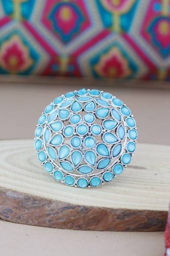 Navratri ethnic silver oxidized turquoise kundan work designer adjustable finger ring for women 